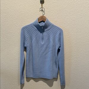 Garnet Hill Light Blue Ribbed Turtleneck Sweater 1/4 zip